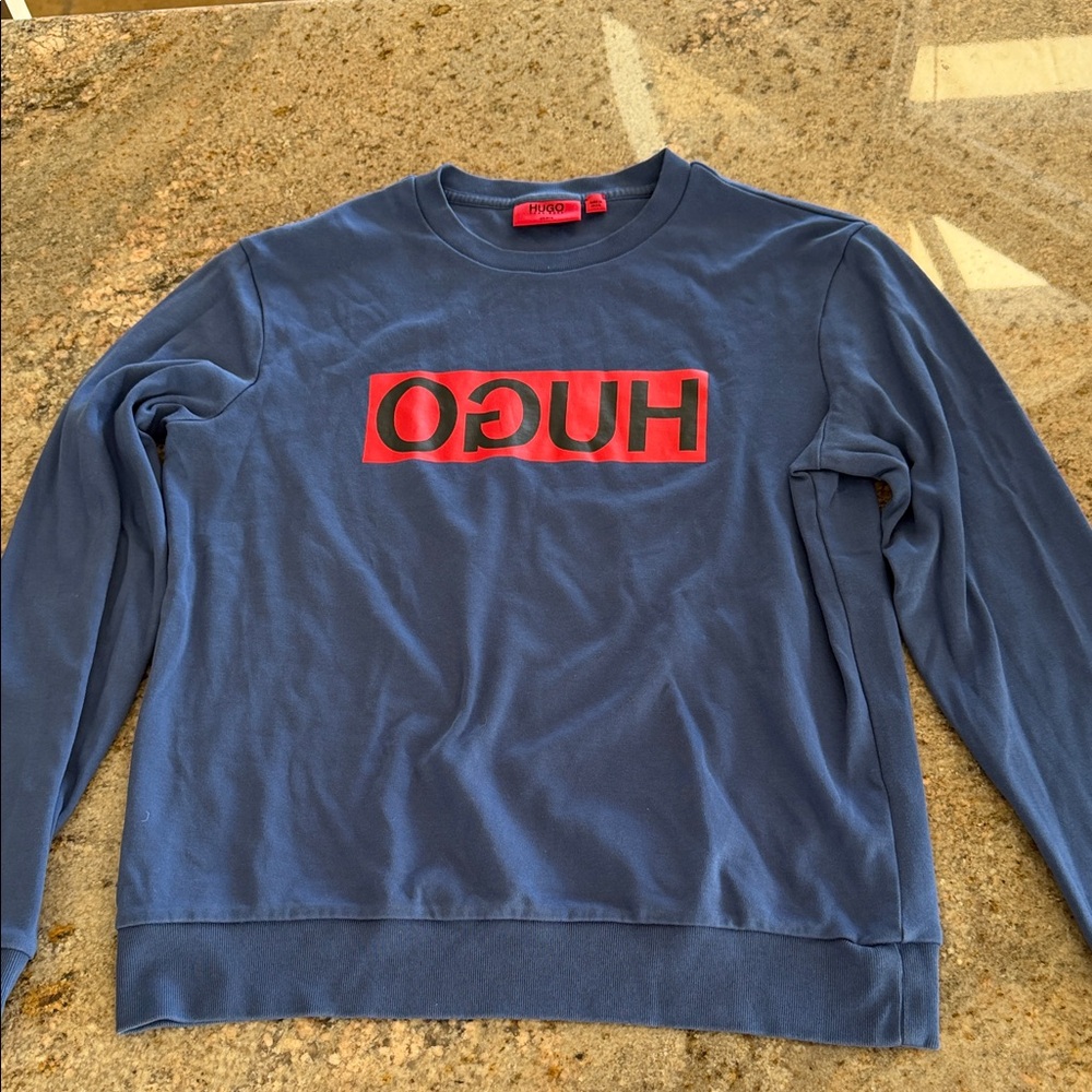 HUGO Navy Crewneck Sweater with Red Logo
